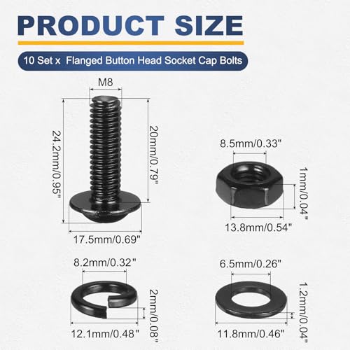 M METERXITY 10 Set M8 x 20mm Flanged Button Head Socket Cap Screws, Black 304 Stainless Steel 18-8 Hex Socket Head Screws Bolts, Nuts, Flat & Lock Washers for DIY, Furniture, Automotive - size: M8 x 20mm