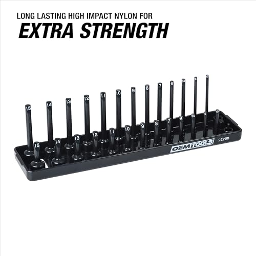 OEMTOOLS 22208 1/4" Metric Socket Organizer, 1/4 Socket Holder for Deep and Shallow Sockets, Labeled Posts, Dual Rail, Holds 4 mm to 15 mm - size: 1/4"