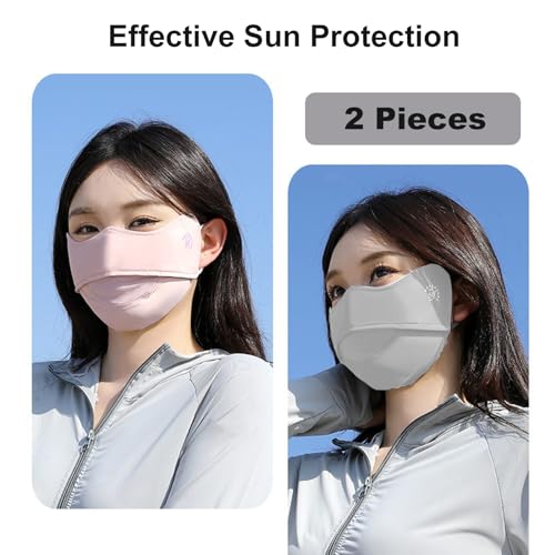 2Pcs UV Face Mask, Sun Masks for Women, Cooling Breathable Face Cover for Outdoors, Washable Reusable - color: Pink, Light Grey