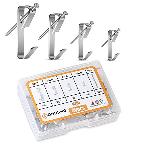 Picture Hanging Hooks, 50 Pcs Heavy Duty 10-50 lbs Picture Hangers Hardware kit with Nails for Picture Frame, Canvas, Mirror Hanging Decoration - size: 10-50LB SLV