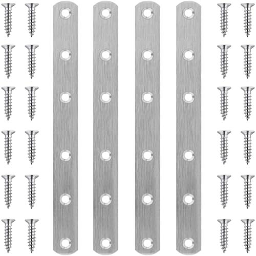 4 Pcs Straight Brackets 8 Inch Flat Brace Stainless Steel Straight Mending Plates for Wood, Heavy Duty Repair Fixing Joining Brackets with Screws - size: 4 PCS-8 inch