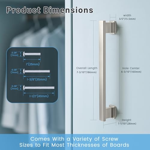 KNOBWELL 6 Pack Brushed Nickel Solid Cabinet Pulls 6-3/10 Inch(160mm) Hole Center Kitchen Cabinet Handles,Cabinet Hardware for Cupboard Drawer Pulls - color: Brushed Nickel, size: Hole Center：6-3/10 inch（160mm）