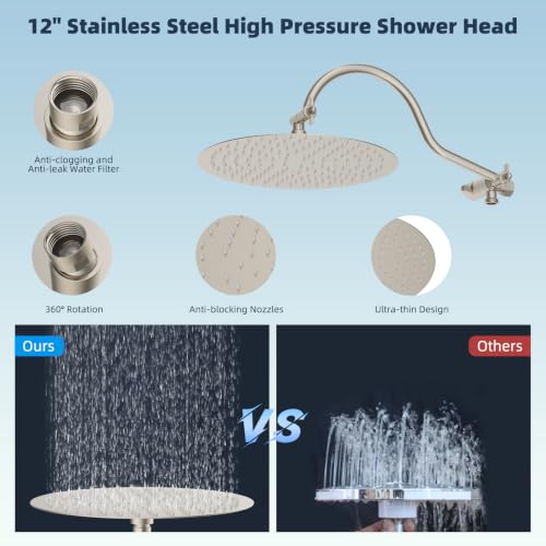 Hibbent All Metal High Pressure Shower Head, 12'' Rainfall Shower Head - color: Brushed Nickel, style: Round 12''