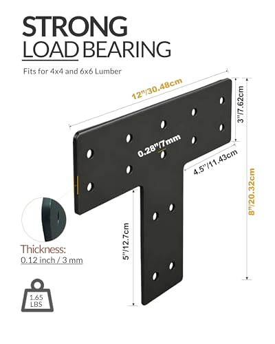 6 Pcs Ultra-Thick T Post Bracket, 12" x 8" Extreme Weatherproof Flat Mending Plate, Heavy Duty Structural Connector for 4x4 6x6 Lumber, Outdoor Pergola, Cabin & Deck Timber Framing - size: 6 Pack, style: Heavy-Duty T-Bracket