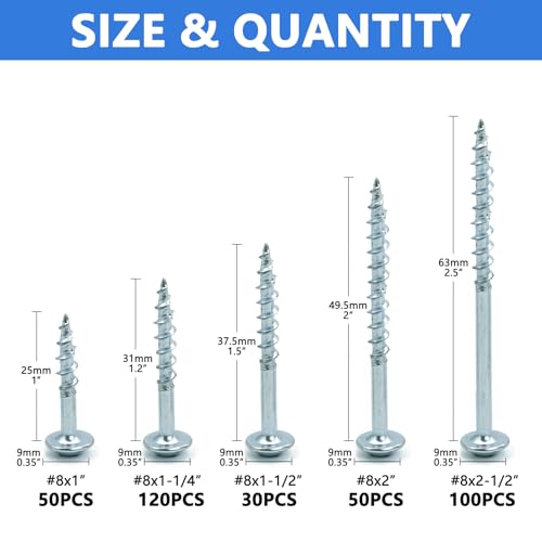Pocket Hole Screws 350 PCS, 5 Sizes #8 x 1 to 2-1/2" Coarse Thread Wood - color: 350PCS(Zinc Coated)