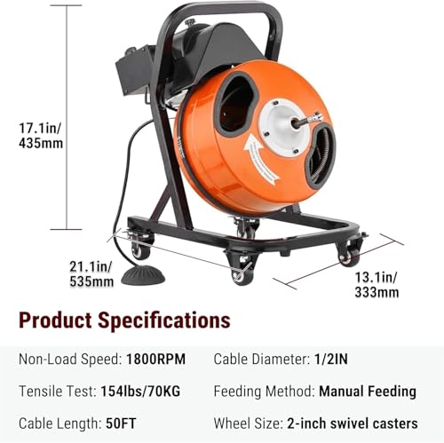 HoldwellS 50FT x 1/2 Inch Drain Cleaner Machine, Electric Drain Auger on 4 Wheels for 1"-4" Pipes, Enclosed Metal Drum with 4 Cutters & Pneumatic Foot Switch, Sewer Snake Auger - color: 50FT x 1/2inch (Manual Feed)