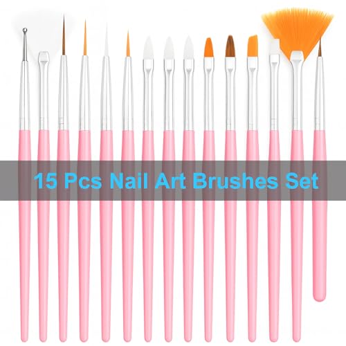 Nail Art Tools Set – 15pcs Pink Nail Art Brushes, 5pcs Dual-Ended Dotting Pens, 10 Nail Stands with 2 Bases, Nail Art Palette, Double-Sided Tape & Adhesive Tabs for DIY Nail Design