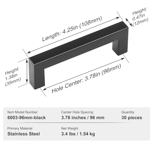 VEVOR 30 Pack Black Cabinet Pulls, 3.78in / 96mm Center to Center Kitchen Drawer Handles, Rust and Scratch-Resistant Hardware, Stainless Steel Door Handles for Kitchen Bathroom Bar Hardware Matte - size: 3.78 inch Hole Centers(96mm)
