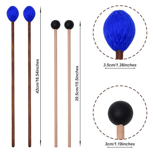 Mallets Percussion 2 Pairs Rubber and Yarn Marimba Mallets with Drumsticks Bag Drum Hammer for Ethereal Drum Xylophone Woodblock Glockenspiel