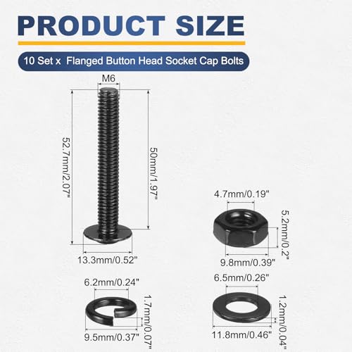 M METERXITY 10 Set M6 x 50mm Flanged Button Head Socket Cap Screws, Black 304 Stainless Steel 18-8 Hex Socket Head Screws Bolts, Nuts, Flat & Lock Washers for DIY, Furniture, Automotive - size: M6 x 50mm