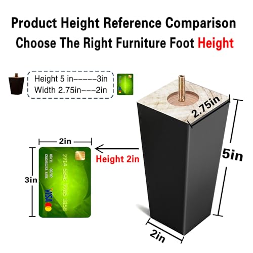 SHANJUE 5 Inch Black Couch Legs - Square Wood Sofa Legs for Furniture, 4PC - size: 5 inch