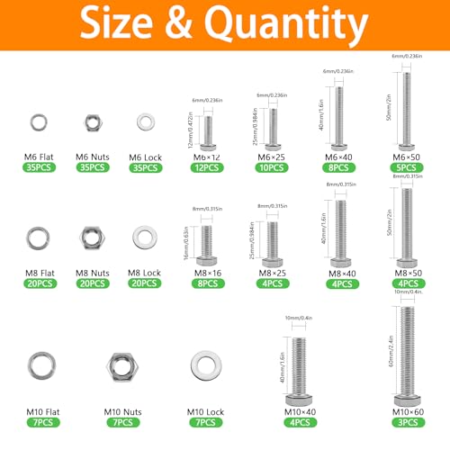 248Pcs M6 M8 M10 Screw Set Metric Bolt Assortment 304 Stainless Steel Nuts and Bolts Set Flat & Spring Washers Hex Head Cap Screws Bolts and Nuts Kit Includes 10 Common Sizes Fully Thread - size: M6 M8 M10-248Pcs