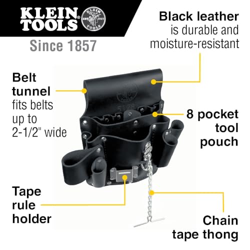 Klein Tools 5178 Pocket Tool Pouch, Leather, Tunnel Loop Belt Connection, Black