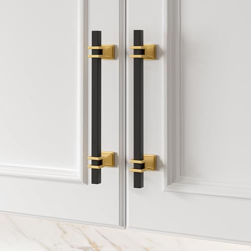 Haliwu 10 Pack Black and Gold Cabinet Pulls, 6-5/16 inch Kitchen Handles, Square Dresser Drawer Hardware - color: Black & Matte Gold, size: Hole Center Spacing：160mm (6-5/16 inch)