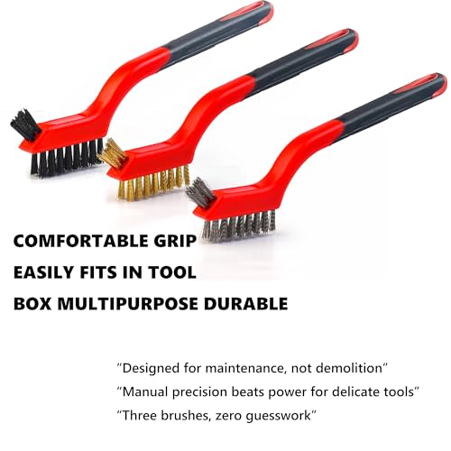 Wire Brush Set (3-Pack) for Precision Cleaning – Brass, Nylon & Stainless Steel Brushes for Rust Removal, Delicate Surfaces & Tight Spaces – 7-Inch Curved Handle - color: 3 PCS RED