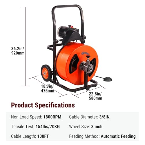 HoldwellS 100FT 3/8 Inch Drain Cleaner Machine, Upgraded Electric Feed Sewer Snake, Wheeled Telescopic Portable Drain Cleaner with 4 Cutters & Air-Activated Foot Switch for 2" to 4" Pipes - color: 100FT x 3/8inch (Auto Feed)