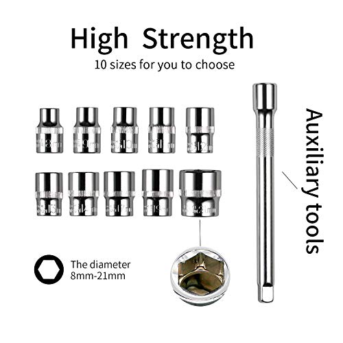 Egofine 12pcs 3/8 Inch Ratchet Socket Wrench Set, Drive Socket Set with 10 Sockets 8-14,17,19,21mm and 2 Way Quick Released Ratchet Handle and Extension Bar - color: 12pc Standard Socket Set, size: 3/8