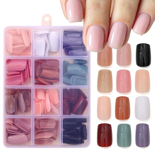 288Pcs Press On Nails Short Square Fake Nails Press Ons Set, Solid Color Acrylic Glue on Nail Reusable Full Cover Glossy Artificial Nail Kit False Nail for Women Manicure 12 Pack - color: Style-18