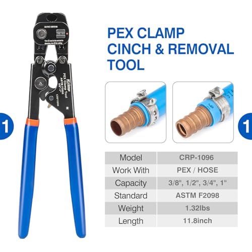 iCrimp PEX Crimping Tool Kit for 3/8-in, 1/2-in, 3/4-in, 1-in PEX Clamp Cinch & Removal, c/w 1/2''(20 Pack) and 3/4''(10 Pack) PEX Clamp Rings, PEX Tubing Cutter