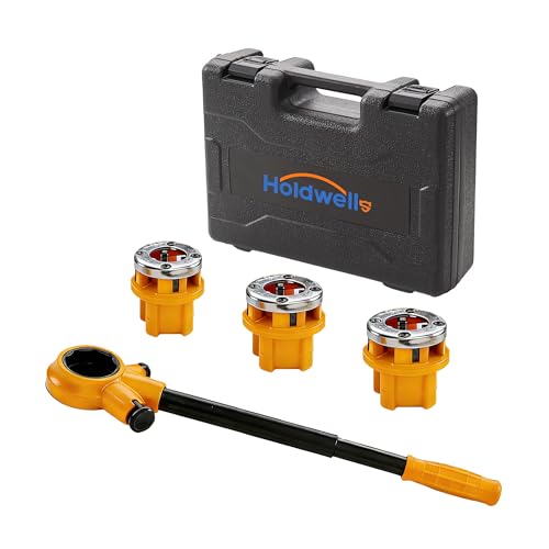 BSPT Ratchet Pipe Threader Kit w/ 3 Dies (1/2", 3/4", 1"), Heavy-Duty 9SiCr Steel Threading Tool for Galvanized, Iron, Copper & Aluminum Pipes, Portable with Storage Case for Plumbing - size: 1/2"- 1" (BSPT-3pcs)