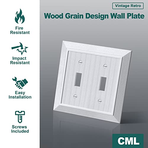 CML Classic 2-Gang Beadboard Toggle Light Switch Wall Plate, 2 Pack, White | Vintage Retro Wood Grain Design, Double Switch Cover, Impact Resistant, Standard Size 4.95'' X 4.87'' - size: 2 Pack