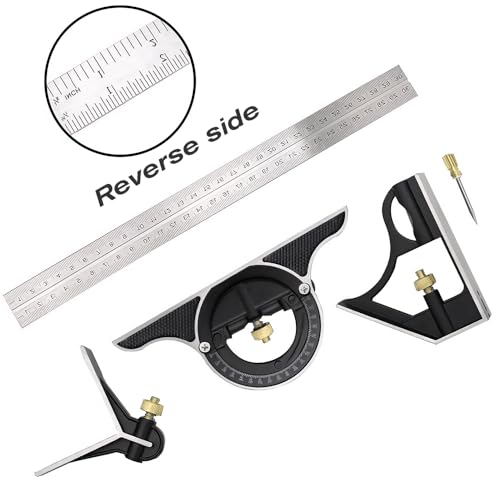 BAUSATZ 12 inch Stainless Steel Combo Square - Universal Bevel 180 Degree Angle Combination Square Set Protractor Ruler