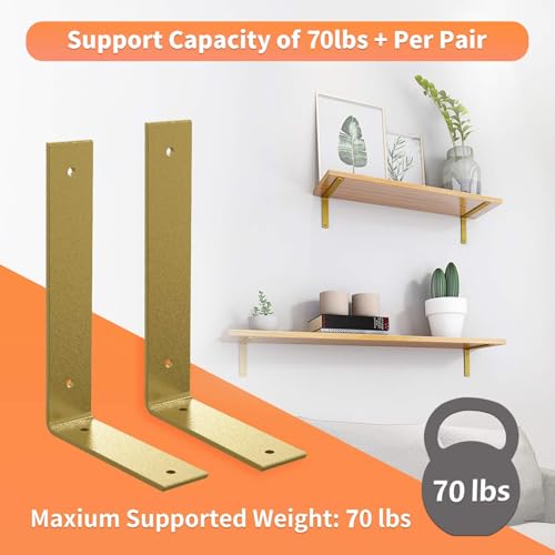 Gold Heavy Duty Shelf Brackets 12 Inch, Extra Thick L Shelving Brackets, Rustic Gold Iron Floating Shelves Wall Mounted with Hardware for DIY Open Shelving, 4 Pack - color: Gold, size: 12 Inch