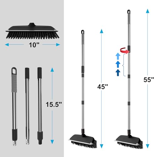 ITTAR Floor Scrub Brush with 55" Long Handle, 10" Wide Stiff Bristles Deck Brush, Stainsless Steel Pole Heavy-Duty Cleaning Brush, 2-in-1 Scrubber with Ruber Squeegee for Deck, Patio, Pool, Tile, Wall