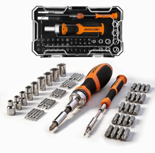 IRONCUBE Ratcheting Screwdriver Set: 56-Piece Magnetic Multi Bits Tool Kit with Case - color: Orange
