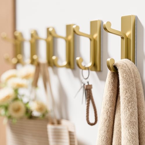 Gold Self Adhesive Wall Hooks for Coats - StainlessDouble Hook. - color: Gold, size: 6 Pack