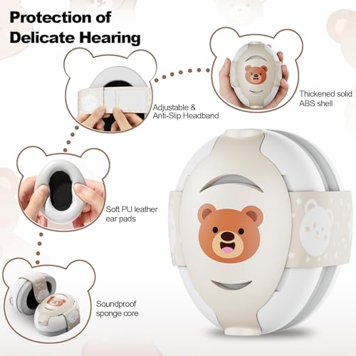 Floriogra Baby Headphones for Noise, Baby Ear Protection for Babies and Toddlers 0-36 Months - Adjustable Babies Noise Cancelling Headphones -Infant Ear Protection Earmuffs Against Hearing Damage - color: Beige