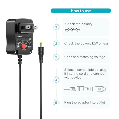 ZOZO Universal AC/DC Adapter 12W 3V 4.5V 5V 6V 7.5V 9V 12V Switching Power Supply Charger with 8 Tips 5.5x2.1mm 5.5x2.5mm Micro USB for Routers Speakers CCTV Cameras LED Strip Lights (Pack of 2) - size: 12w (Pack of 2)