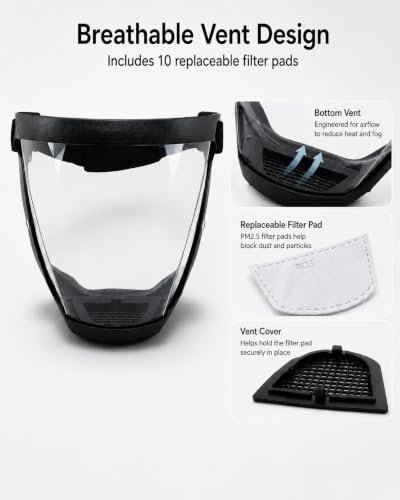 2 Pack Plastic Face Shield, Full Safety Face Protection Equipment with for Unisex and Adult, Reusable No Fogging Transparent Face Shield with Adjustable band, High-Definition Black