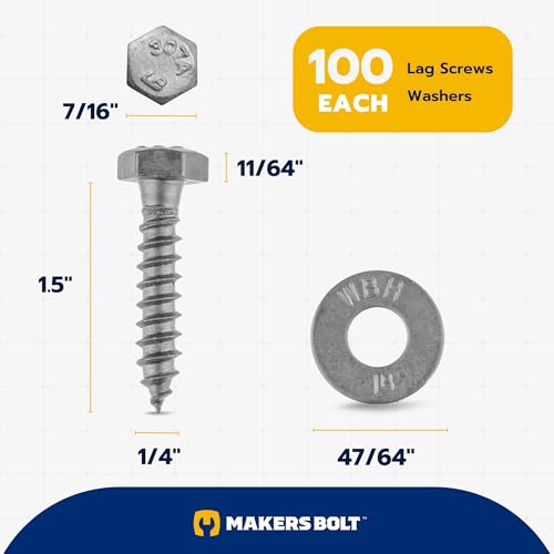1/4 x 1-1/2 (100 Pack) Lag Screw Kit, 100 Screws and 100 washers, Hot Dip Galvanized, Meets ASME B18.2.1 Industrial/Commercial Grade by Makers Bolt - size: 1/4 x 1-1/2