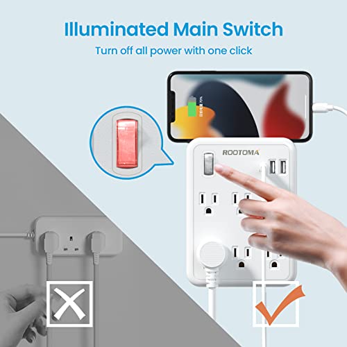 USB Wall Outlet Extender with On Off Switch, Surge Protector Outlet,6 AC Multi-Plug with 3 USB Ports (1 USB C), 490 Joules, Flat Socket Splitter with Spaced Outlet for Home, Office, College