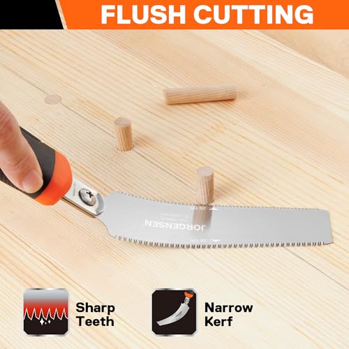 JORGENSEN Japanese Flush Cut Saw, 5 Inch Pro Double Edge Pull Saw, SK5 Flexible Blade Wood Handsaw, 18/25 TPI Blade with Soft Grip Handle for Hardwood & Softwood Woodworking, Wood Trim