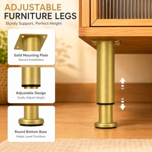 Adjustable Furniture Legs 4 Pack, 7.1 to 11.8 Inch Gold Metal Telescopic Legs with Screws, Height Adjustable Sofa Legs Bed Frame Support Legs for Couch, Cabinet, Table, TV Stand