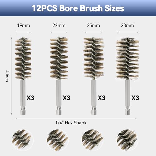 12 Pcs Wire Bore Brush for Drill，Stainless Steel Drill Brush Set，with 1/4 Inch Hex Shank, Power Drill Attachment for Polishing, Rust and Tube Cleaning (0.748"-1.102") - size: "L" 12PCS