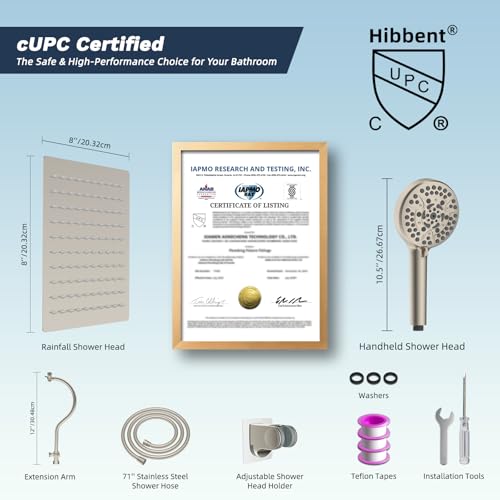 Hibbent All Metal cUPC Certified High Pressure Rainfall 8'' Shower Head - color: Brushed Nickel, style: Square 8''