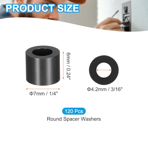 PATIKIL 120Pcs ABS Spacers 4mm ID, 7mm OD, 6mm Height Plastic Round Stud Spacer Black Nylon Washers Nut Unthreaded Rubber for M4 Screws Bolts Barrel - size: 4mm ID, 7mm OD, 6mm Height