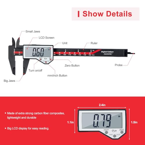 Digital Caliper, 0-6" Electronic Caliper Auto - Off Feature with Large LCD Screen Vernier Caliper Conversion Measuring Tool for Length Depth Inner Outer Diameter Measuring - color: Red Plastic, size: 6"