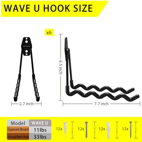 6 Pack Garage Hooks Heavy Duty with Anti-Slip Coating, Steel Utility Wave Hooks for Hanging Ropes, Bikes, Garden Tools, Hoses and More (Black) - color: Black