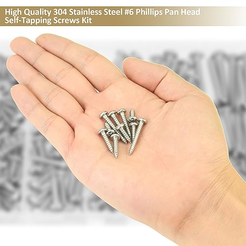 182 Pieces #6 x 3/8" 1/2" 5/8" 3/4" 1" Phillips Pan Head Self-Tapping Screws, Wood Screws Assortment Kit, 304 Stainless Steel - size: #6