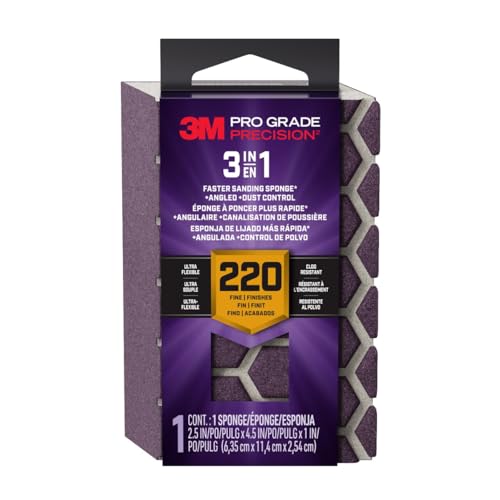 3M DCDA220-PGP-1T Pro Grade Precision 3-in-1 Angled Faster Sanding Sponge, 220-Grit Extra-Fine, 2.5" x 4.5" x 1" - size: 2.5 in x 4.5 in x 1 in - 1 Sponge, style: 220 Grit Fine
