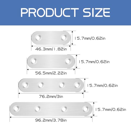 108PCS 4Sizes Flat Metal Brace Brackets Mending Plates for Wood Stainless Steel Bracket Plate with Holes (46mm/56mm/76mm/96mm) YY001 - color: Silver, size: Flat style