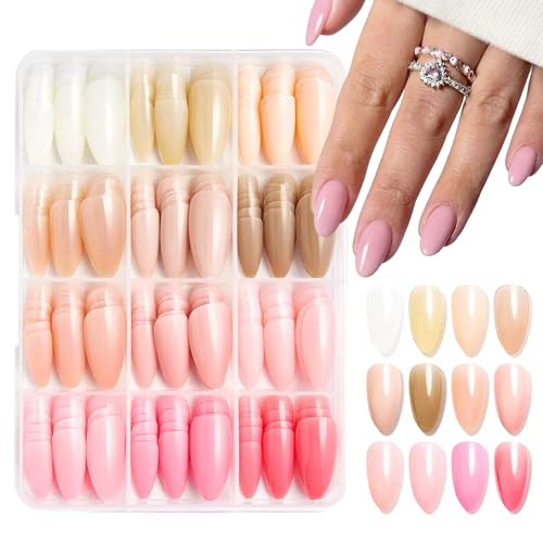 12 Color Press on Nails Medium Almond Fake Nails White Nude Pink False Nails Kit Glossy Reusable Full Cover Artificial Acrylic Stick on Nail for Women Girls Manicure 288Pcs - color: Style-26