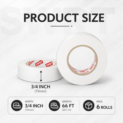 SWRT White Electrical Tape, 6 Pack, 0.7 in x 66 FT, Vinyl Tape - color: White