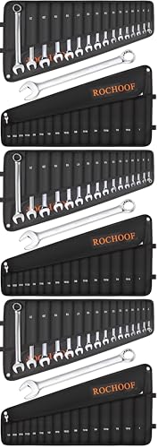 Combination Wrench Set,32-Piece Chrome Vanadium Steel Wrench Set 12-Point SAE & Metric Wrenches 1/4"-1" and 7-22mm with Rolling Pouch (Pack of 3) - size: (Pack of 3)