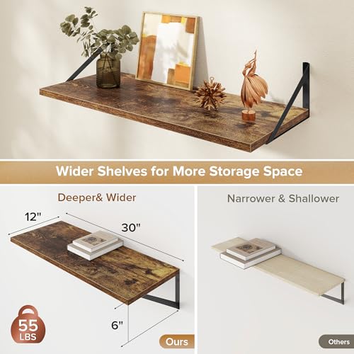 Acovy Deep Floating Shelves Wall Mounted, 30"x12" Brown Wood Shelves with Brackets Set of 2 for Bedroom, Living Room, Bathroom, Kitchen, Office - Storage & Display Shelf for Decor, Books, Plants - color: Rustic Brown, size: 30"Wx12"D-2pcs