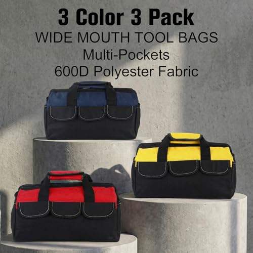 Sanwuta 3 Pack 16 Inch Tool Bags, Side Pockets, Blue, Red, Yellow - color: Blue, Red, Yellow, size: 16 Inch, style: Side Pockets